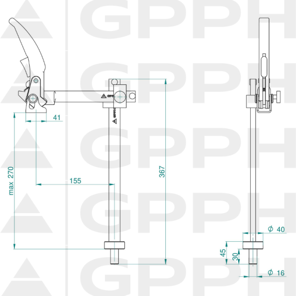 Fastening clamp with lever and variable throat depth GPPH fi16 mm - technical drawing