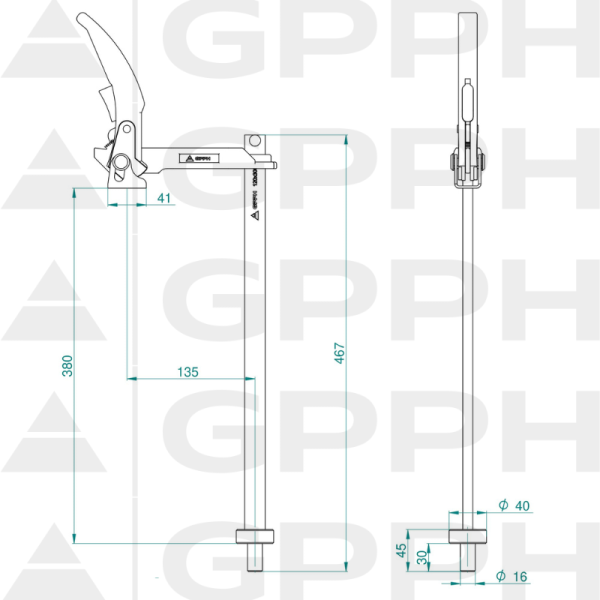 Clamping lever GPPH fi16 mm - technical drawing
