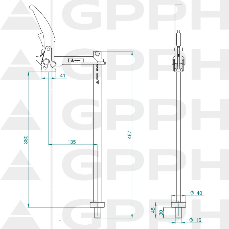 Collier de serrage avec levier GPPH fi16 mm - dessin technique