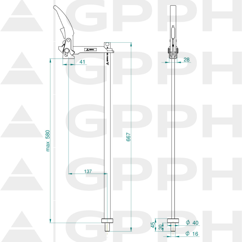 Abrazadera de sujeción con palanca larga GPPH fi16 mm - dibujo técnico