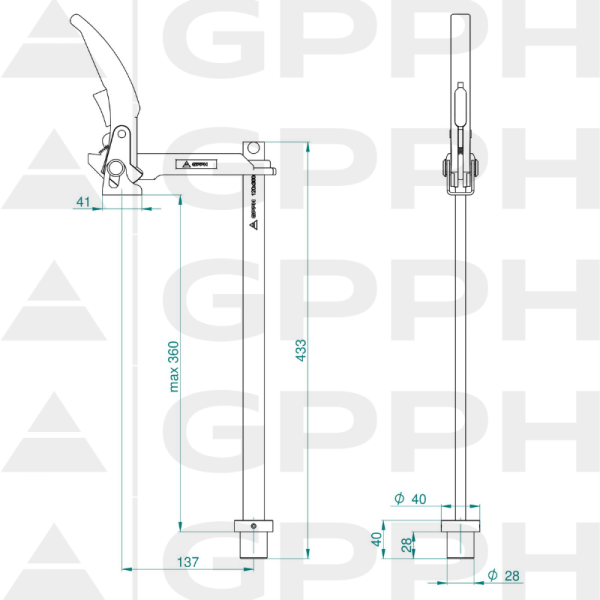 Fastening clamp with lever long GPPH, diameter 28 mm - technical drawing