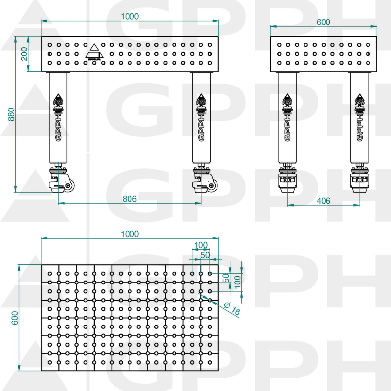 Mesa de soldadura PRO INOX Tamaño: 1000 x 600 mm, rejilla: 50 x 50 mm, sistema: Φ16, patas: con ruedas - dibujo técnico