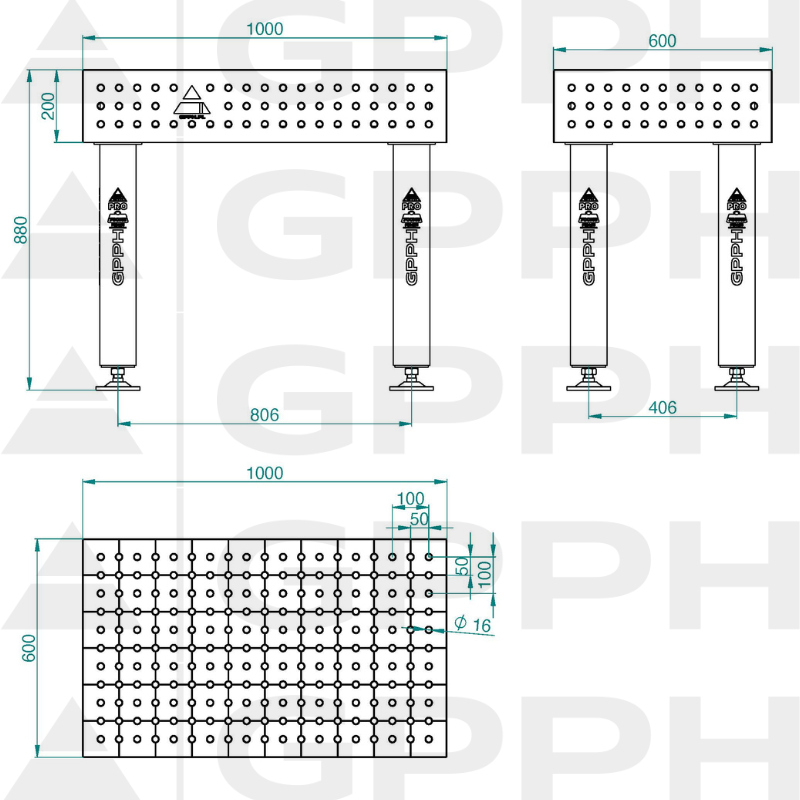 Mesa de soldadura PRO INOX Tamaño: 1000 x 600 mm, rejilla: 50 x 50 mm, sistema: Φ16, patas: sobre soportes, dibujo técnico.