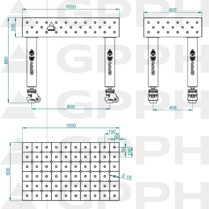 Mesa de soldadura PRO INOX Tamaño: 1000 x 600 mm, rejilla: DIAGONAL, sistema: Φ16, patas: con ruedas - dibujo técnico