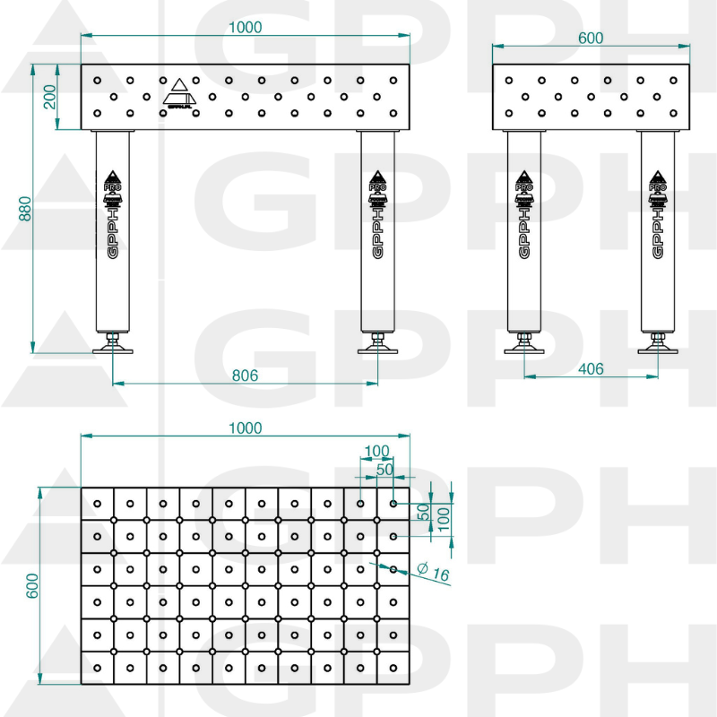 Mesa de soldadura PRO INOX Tamaño: 1000 x 600 mm, rejilla: DIAGONAL, sistema: Φ16, patas: sobre pies - dibujo técnico