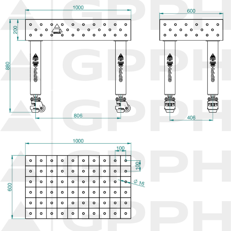 Mesa de soldadura PRO INOX Tamaño: 1000 x 600 mm, rejilla: 100 x 100 mm, sistema: Φ16, patas: con ruedas - dibujo técnico
