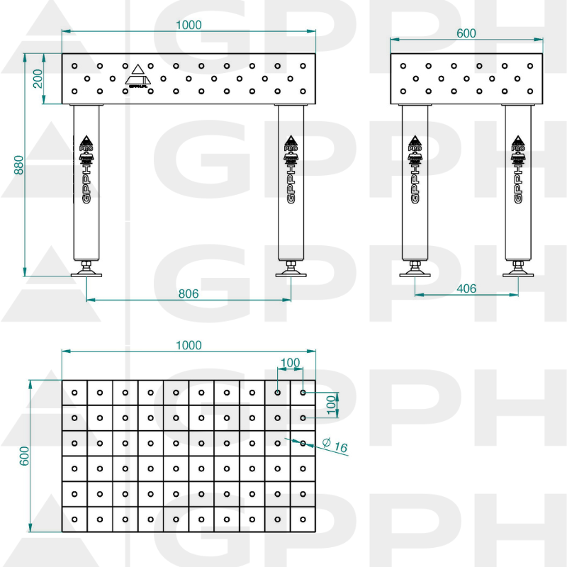 Mesa de soldadura PRO INOX Tamaño: 1000 x 600 mm, rejilla: 100 x 100 mm, sistema: Φ16, patas: sobre pies, dibujo técnico.