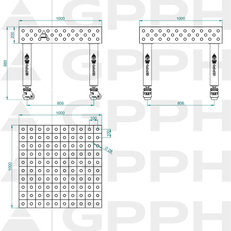 Table de soudage PRO INOX Dimensions : 1000 x 1000 mm, Grille : 100 x 100 mm, Système : Φ28, Pieds : sur roulettes - dessin technique
