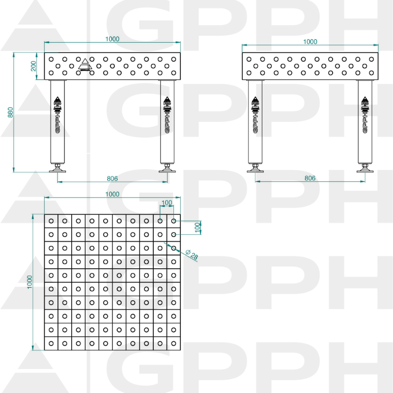 Table de soudage PRO INOX Dimensions : 1000 x 1000 mm, maillage : 100 x 100 mm, système : Φ28, pieds : sur socles - dessin technique