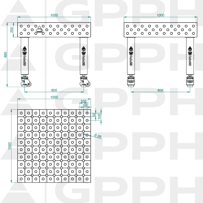 Table de soudage PRO INOX Dimensions : 1000 x 1000 mm, Grille : DIAGONALE, Système : Φ28, Pieds : Sur roulettes - dessin technique