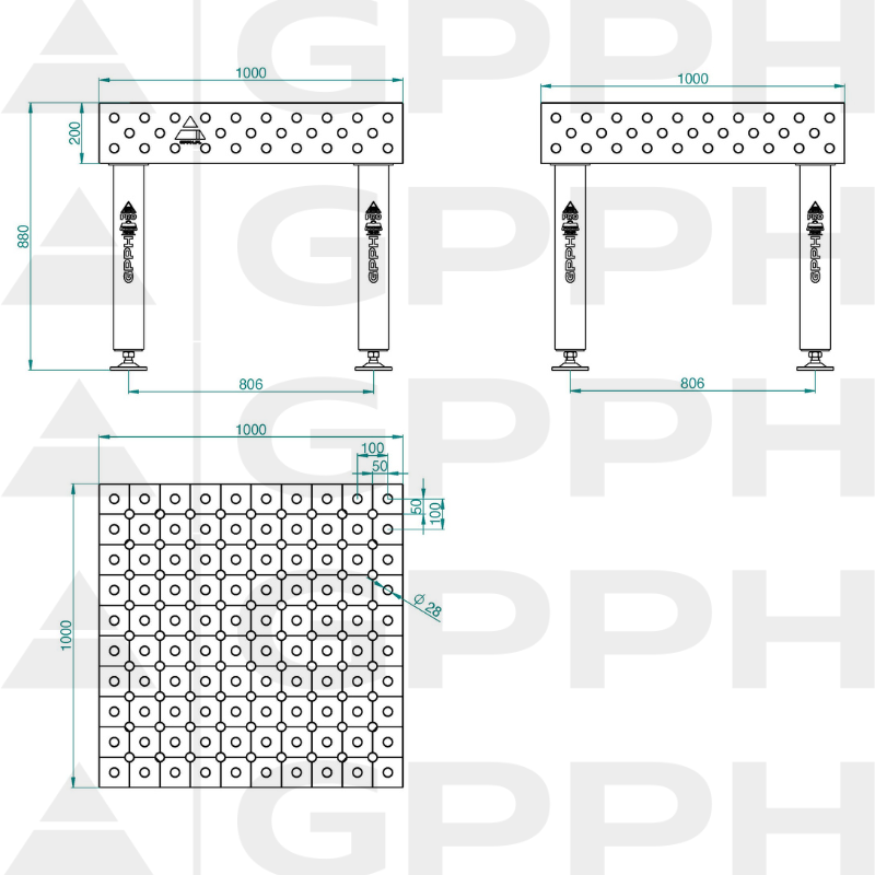 Table de soudage PRO INOX Dimensions : 1000 x 1000 mm, Grille : DIAGONALE, Système : Φ28, Pieds : Sur pieds - dessin technique