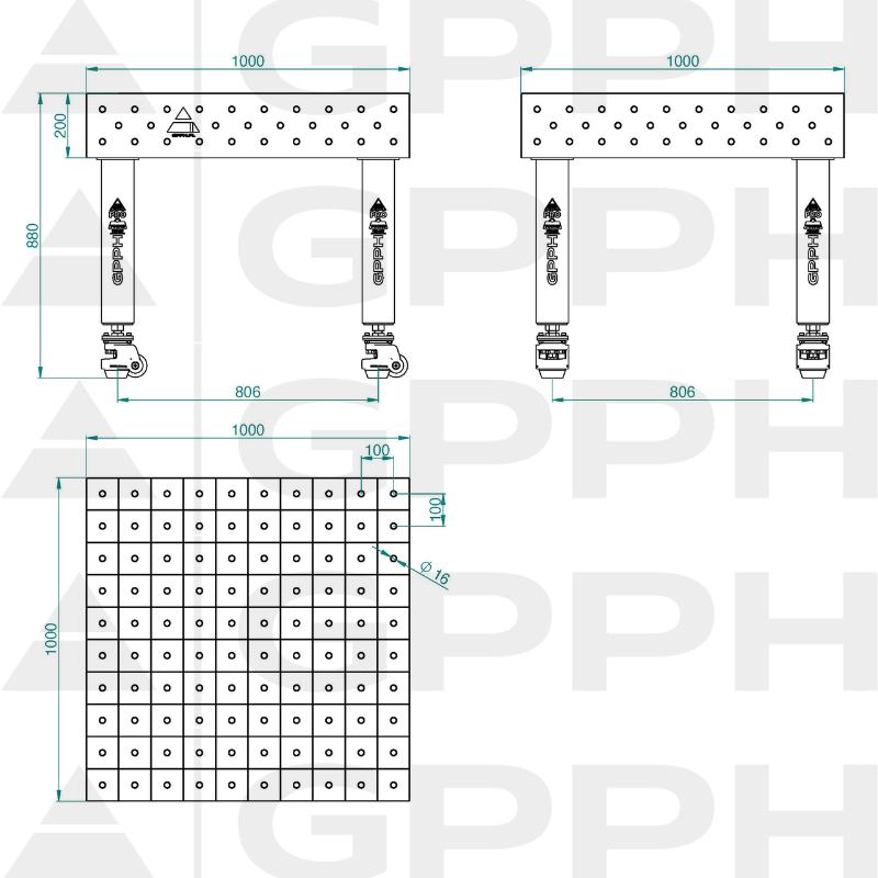 Table de soudage PRO INOX Dimensions : 1000 x 1000 mm, maillage : 100 x 100 mm, système : Φ16, pieds : sur roulettes - dessin technique