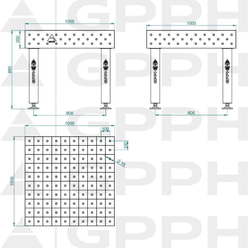 Table de soudage PRO INOX Dimensions : 1000 x 1000 mm, Grille : 100 x 100 mm, Système : Φ16, Pieds : sur patins - dessin technique