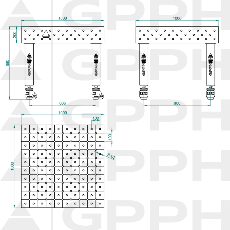 Table de soudage PRO INOX Dimensions : 1000 x 1000 mm, Grille : DIAGONALE, Système : Φ16, Pieds : Sur roulettes - dessin technique
