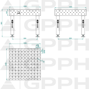 Svařovací stůl PRO INOX Rozměry – 1000 x 1000 mm, síťovina – DIAGONÁLNÍ, systém – Φ16, nohy – na patkách – technický výkres