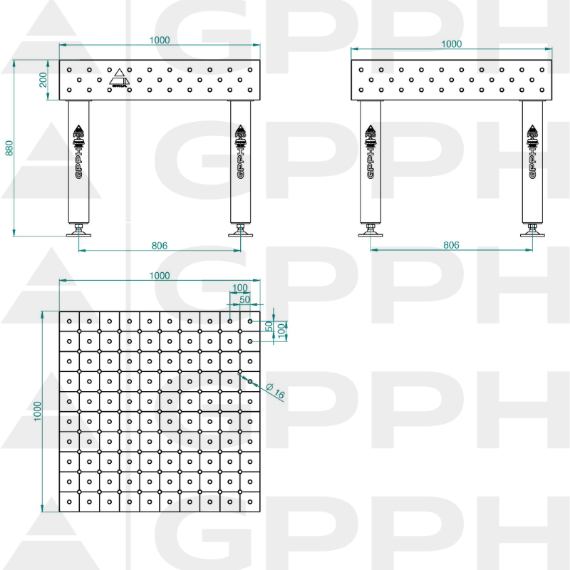 Table de soudage PRO INOX Dimensions : 1000 x 1000 mm, Grille : DIAGONALE, Système : Φ16, Pieds : Sur pieds - dessin technique