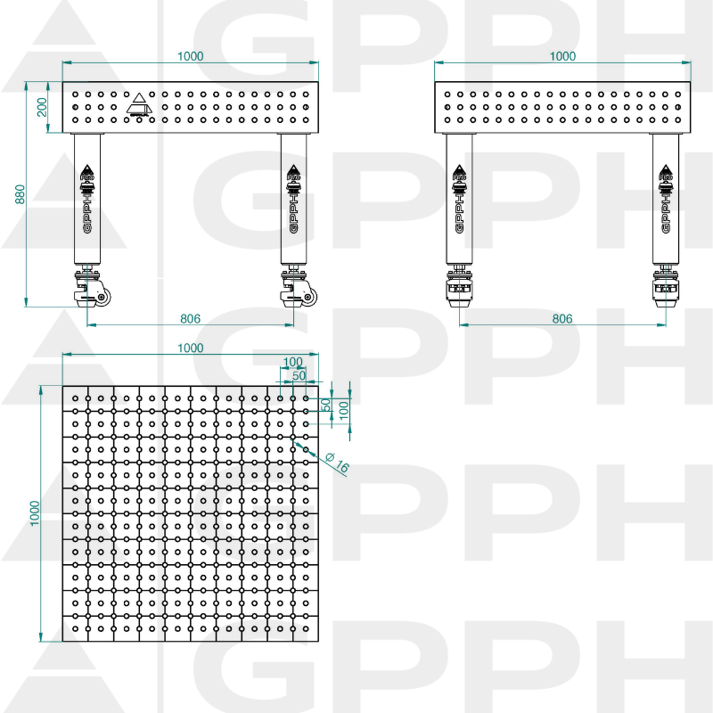 Table de soudage PRO INOX Dimensions : 1000 x 1000 mm, maillage : 50 x 50 mm, système : Φ16, pieds : sur roulettes - dessin technique