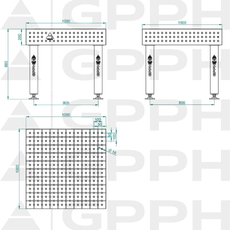 Table de soudage PRO INOX Dimensions : 1000 x 1000 mm, maillage : 50 x 50 mm, système : Φ16, pieds : sur socles - dessin technique