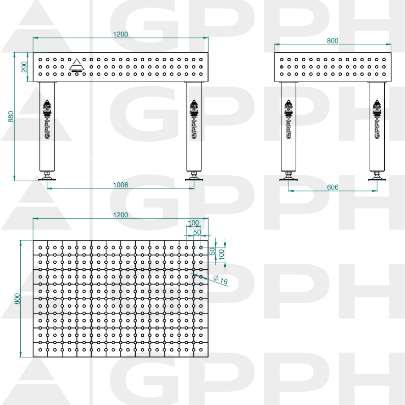 Zavarivački stol PRO INOX Veličina – 1200x800 mm, Mreža – 50x50 mm, Sustav – Φ16, Noge – Na stopama – tehnički crtež