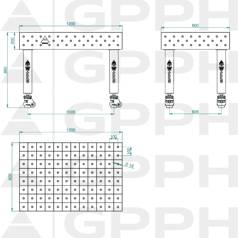 Zavarivački stol PRO INOX Veličina – 1200x800 mm, Mreža – 100x100 mm, Sustav – Φ16, Noge – Na kotačima – tehnički crtež
