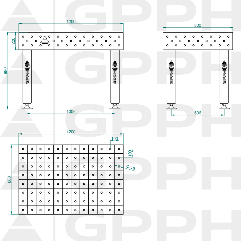 Zavarivački stol PRO INOX Veličina – 1200x800 mm, Mreža – 100x100 mm, Sustav – Φ16, Noge – Na stopama – tehnički crtež