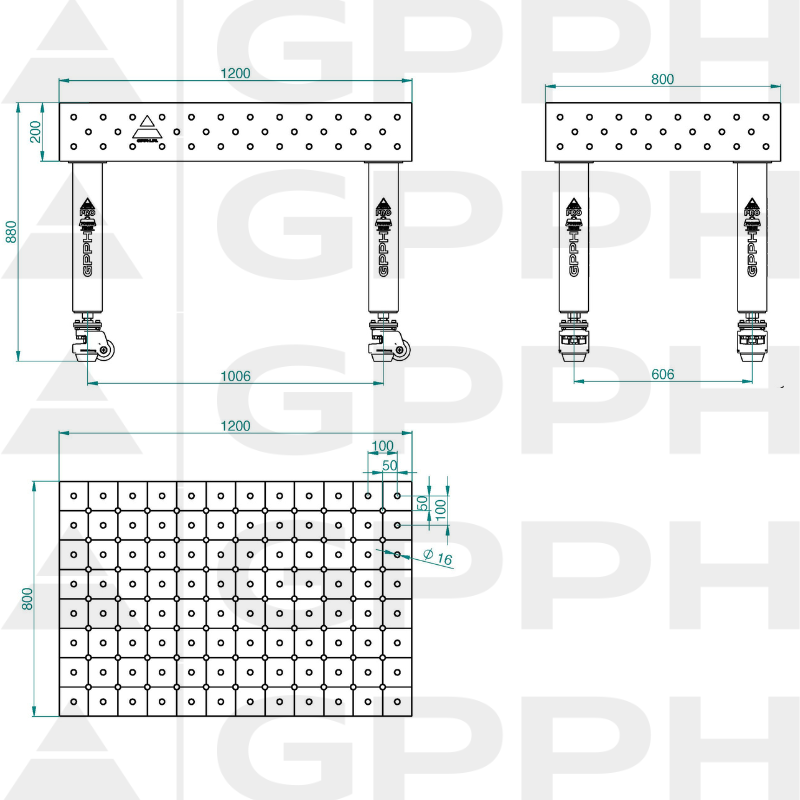 Zavarivački stol PRO INOX Veličina – 1200x800 mm, Dijagonalna mreža, Sustav – Φ16, Noge – Na kotačima – tehnički crtež