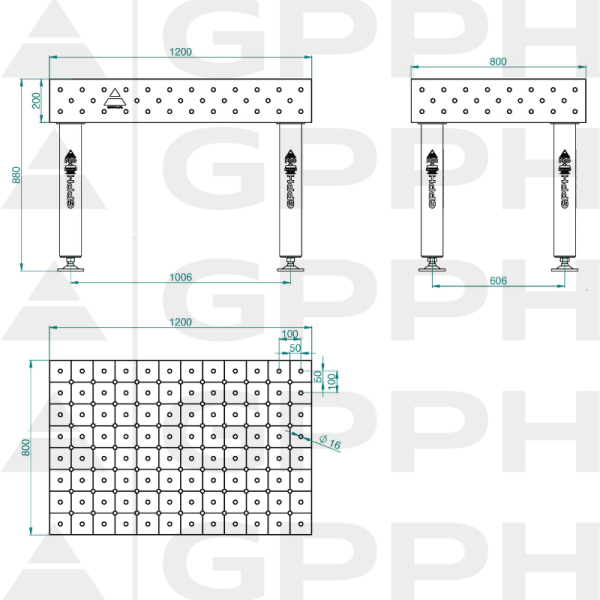 Svařovací stůl PRO INOX Rozměry – 1200 x 800 mm, síťovina – DIAGONÁLNÍ, systém – Φ16, nohy – na patkách – technický výkres