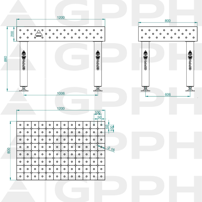Zavarivački stol PRO INOX Veličina – 1200x800 mm, Dijagonalna mreža, Sustav – Φ16, Noge – Na stopama – tehnički crtež