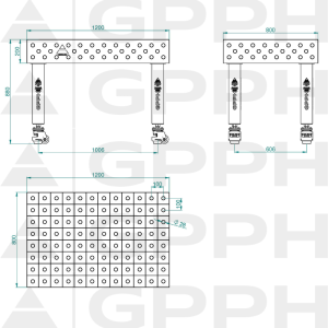 Svařovací stůl PRO INOX Rozměry – 1200 x 800 mm, síťovina – 100 x 100 mm, systém – Φ28, nohy – na kolečkách – technický výkres