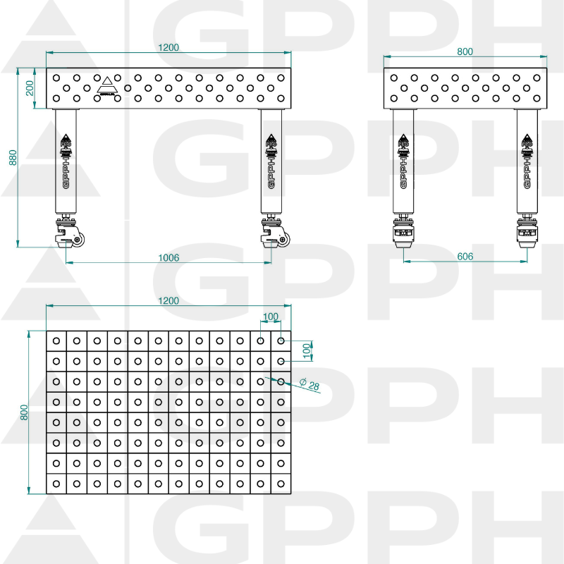 Zavarivački stol PRO INOX Veličina – 1200x800 mm, Mreža – 100x100 mm, Sustav – Φ28, Noge – Na kotačima – tehnički crtež