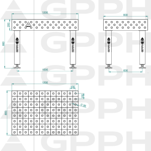 Svařovací stůl PRO INOX Rozměry – 1200 x 800 mm, Mřížka – 100 x 100 mm, Systém – Φ28, Nohy – Na patkách – technický výkres