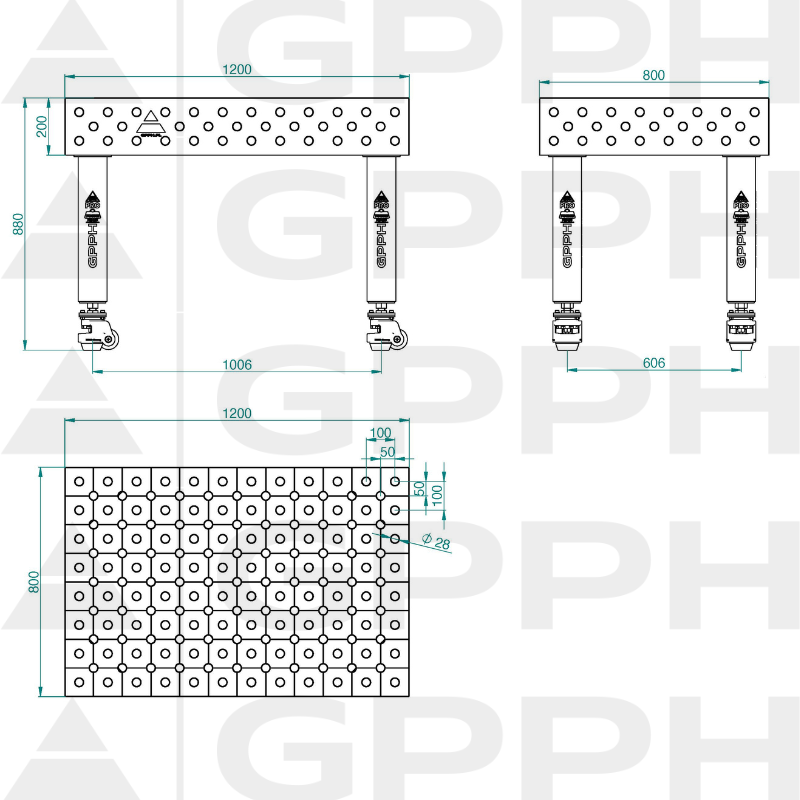Zavarivački stol PRO INOX Veličina – 1200x800 mm, Dijagonalna mreža, Sustav – Φ28, Noge – Na kotačima – tehnički crtež