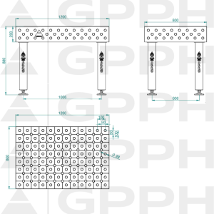 Svařovací stůl PRO INOX Rozměry – 1200 x 800 mm, Síťovina – DIAGONÁLNÍ, Systém – Φ28, Nohy – Na patkách – technický výkres