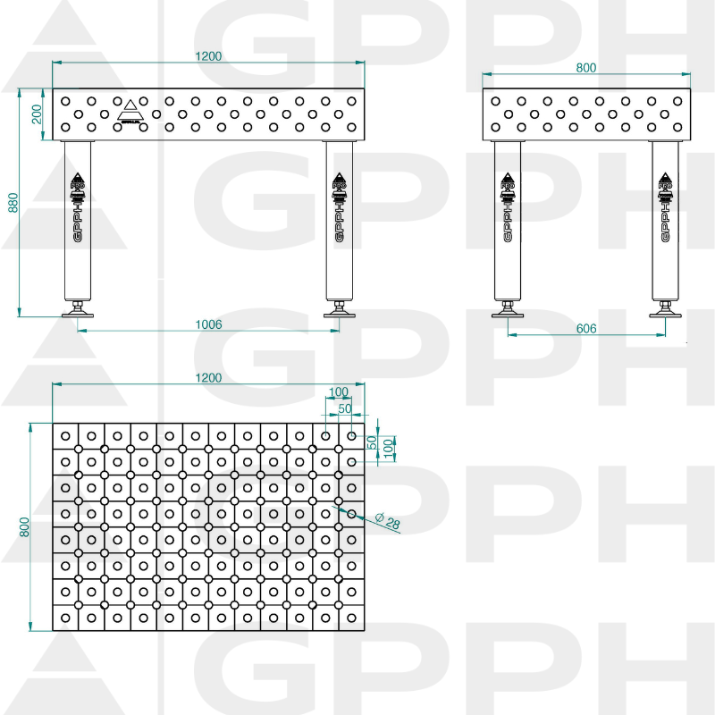 Zavarivački stol PRO INOX Veličina – 1200x800 mm, Dijagonalna mreža, Sustav – Φ28, Noge – Na stopama – tehnički crtež