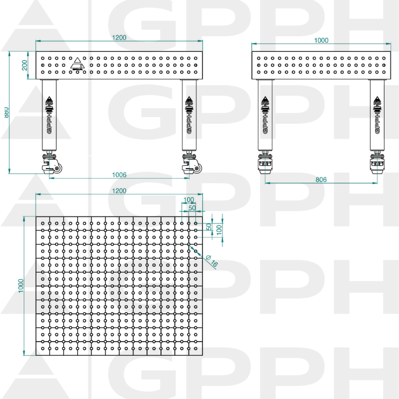 Mesa de soldadura PRO INOX Tamaño: 1200 x 1000 mm, rejilla: 50 x 50 mm, sistema: Φ16, patas: con ruedas - dibujo técnico
