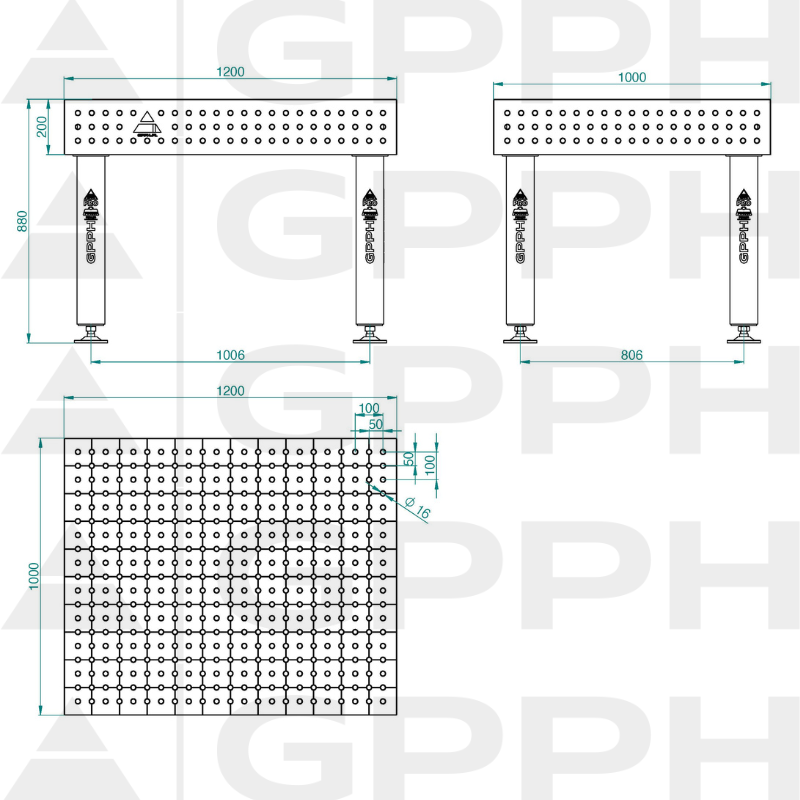 Mesa de soldadura PRO INOX Tamaño: 1200 x 1000 mm, rejilla: 50 x 50 mm, sistema: Φ16, patas: sobre pies - dibujo técnico