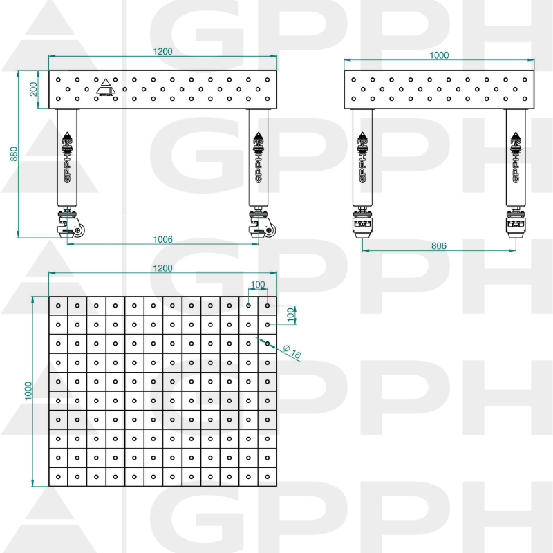 Mesa de soldadura PRO INOX Tamaño: 1200 x 1000 mm, rejilla: 100 x 100 mm, sistema: Φ16, patas: con ruedas, dibujo técnico.