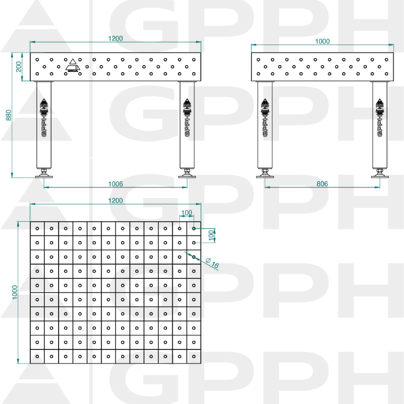Mesa de soldadura PRO INOX Tamaño: 1200 x 1000 mm, rejilla: 100 x 100 mm, sistema: Φ16, patas: sobre pies, dibujo técnico.