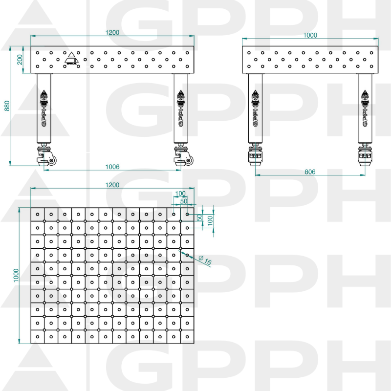 Mesa de soldadura PRO INOX Tamaño: 1200 x 1000 mm, rejilla: DIAGONAL, sistema: Φ16, patas: con ruedas - dibujo técnico