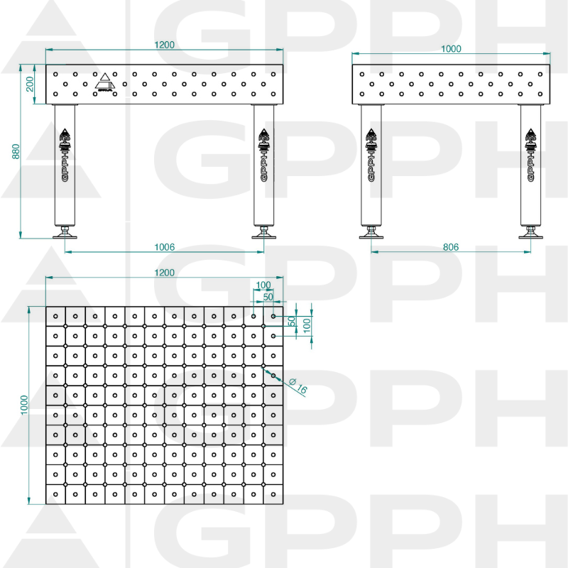 Mesa de soldadura PRO INOX Tamaño: 1200 x 1000 mm, rejilla: DIAGONAL, sistema: Φ16, patas: sobre pies - dibujo técnico