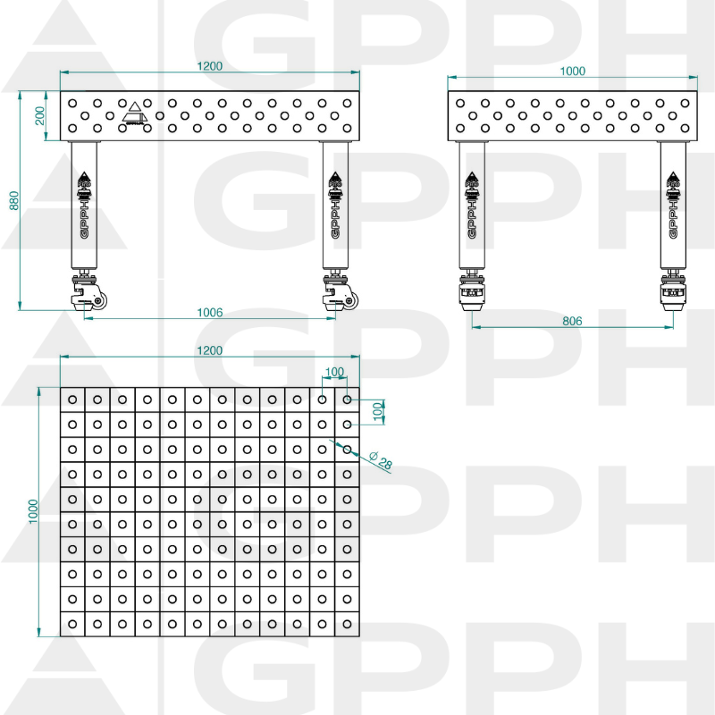 Mesa de soldadura PRO INOX Tamaño: 1200 x 1000 mm, rejilla: 100 x 100 mm, sistema: Φ28, patas: con ruedas, dibujo técnico.