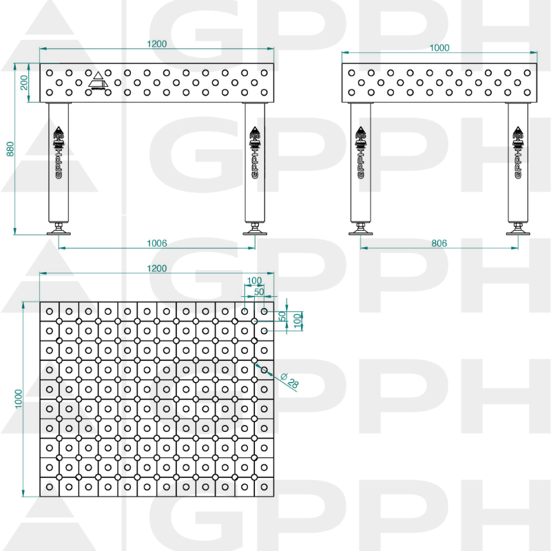 Mesa de soldadura PRO INOX Tamaño: 1200 x 1000 mm, rejilla: DIAGONAL, sistema: Φ28, patas: sobre pies - dibujo técnico