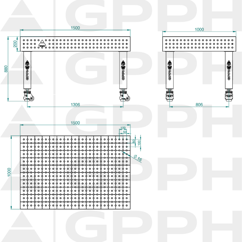 Mesa de soldadura PRO INOX Tamaño: 1500 x 1000 mm, rejilla: 50 x 50 mm, sistema: Φ16, patas: con ruedas - dibujo técnico