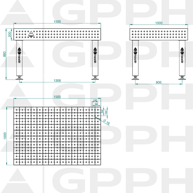 Mesa de soldadura PRO INOX Tamaño: 1500 x 1000 mm, rejilla: 50 x 50 mm, sistema: Φ16, patas: sobre pies - dibujo técnico