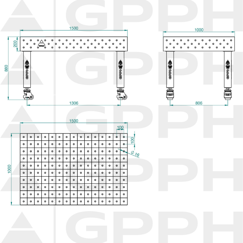 Mesa de soldadura PRO INOX Tamaño: 1500 x 1000 mm, rejilla: 100 x 100 mm, sistema: Φ16, patas: con ruedas - dibujo técnico