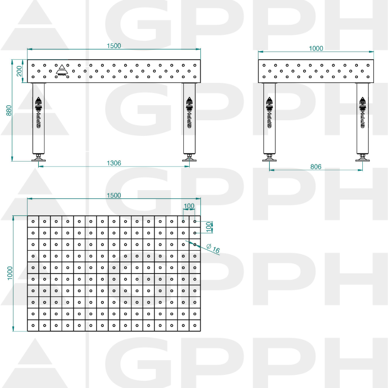 Mesa de soldadura PRO INOX Tamaño: 1500 x 1000 mm, rejilla: 100 x 100 mm, sistema: Φ16, patas: sobre soportes, dibujo técnico.