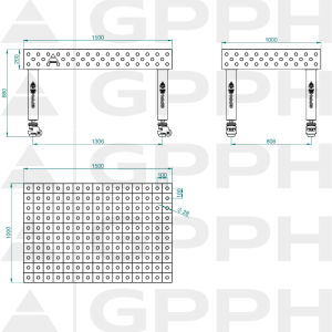Hegesztőasztal Méret PRO INOX – 1500x1000 mm, Háló – 100x100 mm, Rendszer – Φ28, Lábak – Kerekeken – műszaki rajz