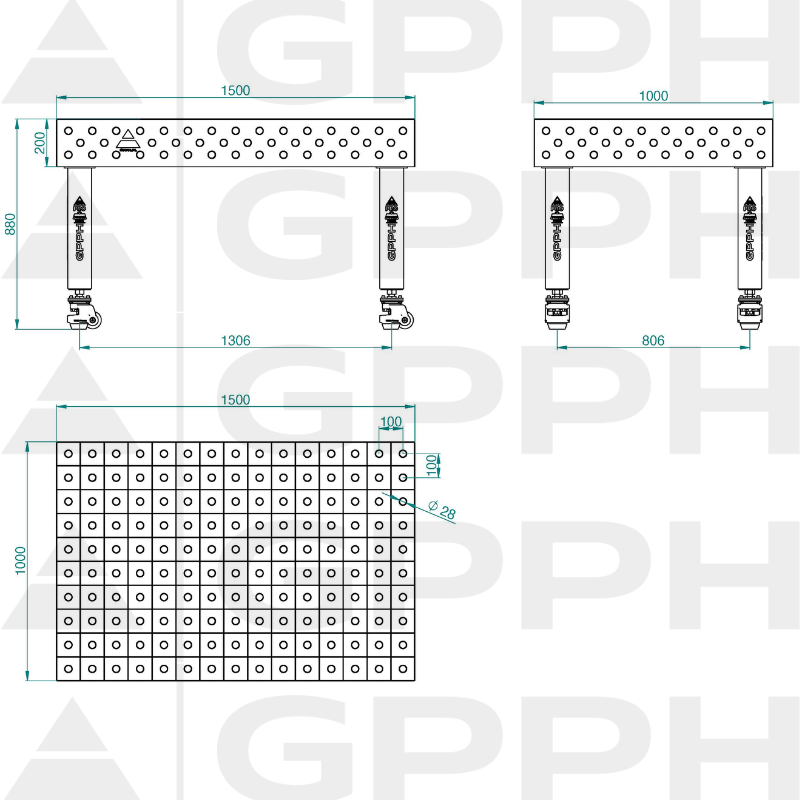 Mesa de soldadura PRO INOX Tamaño: 1500 x 1000 mm, rejilla: 100 x 100 mm, sistema: Φ28, patas: con ruedas - dibujo técnico