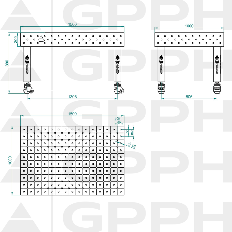 Mesa de soldadura PRO INOX Tamaño: 1500 x 1000 mm, rejilla: DIAGONAL, sistema: Φ16, patas: con ruedas - dibujo técnico