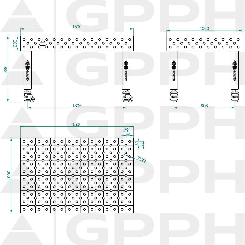 Mesa de soldadura PRO INOX Tamaño: 1500 x 1000 mm, rejilla: DIAGONAL, sistema: Φ28, patas: con ruedas - dibujo técnico